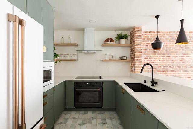 5645 Friars Rd Unit 370, San Diego, CA 92110 - kitchen featuring black appliances, green cabinetry, and open shelves