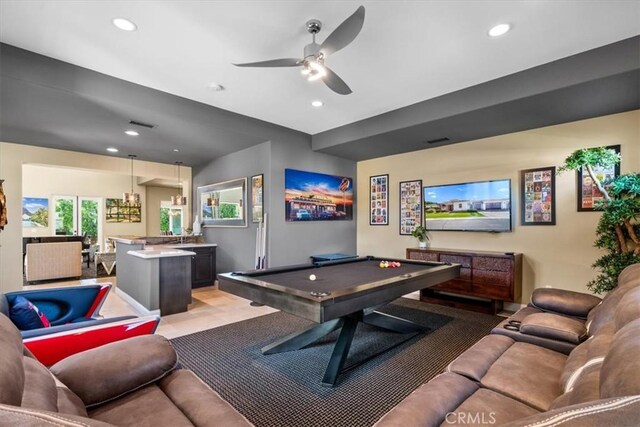 17 Emerald Ct, Rancho Mirage, CA 92270 - recreation room featuring a ceiling fan, billiards, and recessed lighting