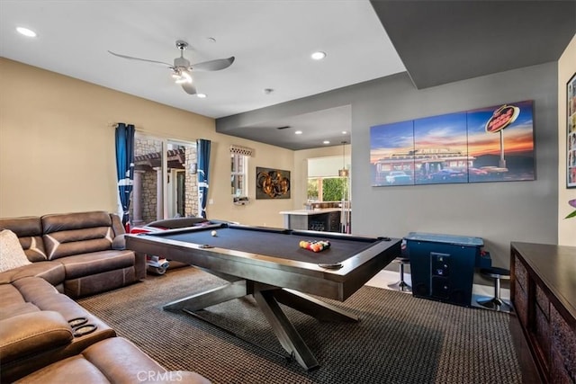 17 Emerald Ct, Rancho Mirage, CA 92270 - recreation room with carpet, a ceiling fan, billiards table, and recessed lighting