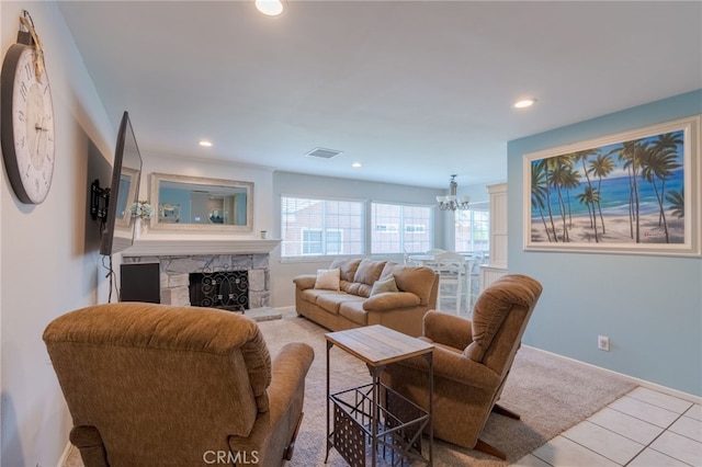 2247 Stratford Way, La Verne, CA 91750 - tiled living room featuring a chandelier, a fireplace, and recessed lighting