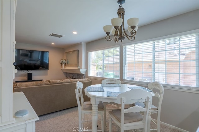 2247 Stratford Way, La Verne, CA 91750 - dining space featuring a chandelier, light colored carpet, and recessed lighting