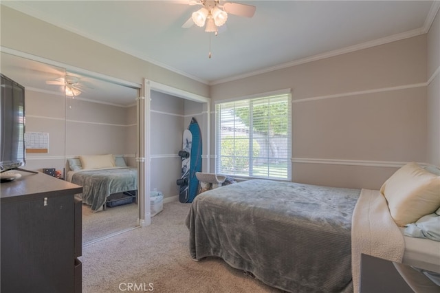 2247 Stratford Way, La Verne, CA 91750 - bedroom featuring light carpet, ornamental molding, and a ceiling fan