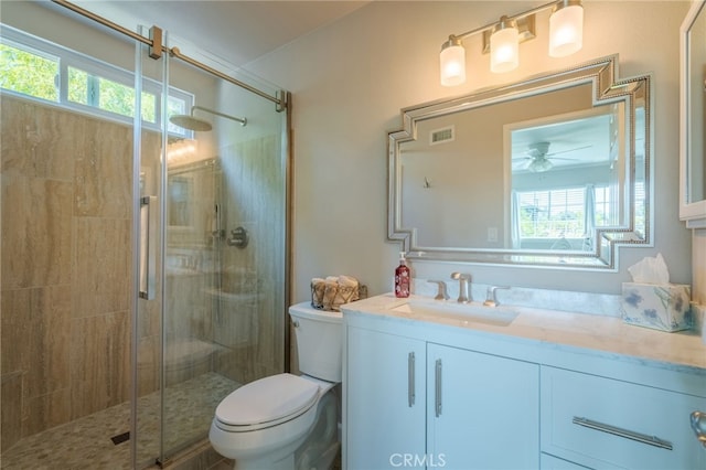 2247 Stratford Way, La Verne, CA 91750 - bathroom featuring healthy amount of natural light, vanity, a stall shower, and a ceiling fan