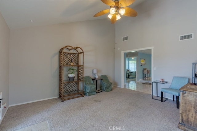 2247 Stratford Way, La Verne, CA 91750 - living area featuring carpet flooring, a ceiling fan, high vaulted ceiling, and tile patterned floors