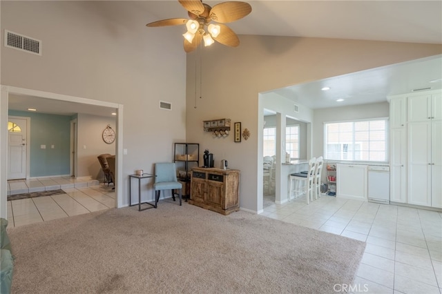 2247 Stratford Way, La Verne, CA 91750 - carpeted living area featuring tile patterned floors, high vaulted ceiling, a ceiling fan, and recessed lighting