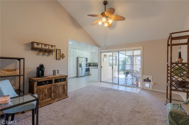 2247 Stratford Way, La Verne, CA 91750 - living room featuring a ceiling fan, high vaulted ceiling, and light carpet