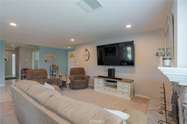 2247 Stratford Way, La Verne, CA 91750 - living room with carpet floors, recessed lighting, and a stone fireplace