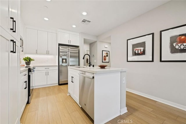 15218 Janine Dr Unit 2, Whittier, CA 90605 - kitchen with appliances with stainless steel finishes, light wood finished floors, light countertops, white cabinets, and recessed lighting