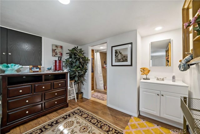 30451 San Pasqual Rd, Temecula, CA 92591 - bathroom featuring vanity, a stall shower, and wood finished floors