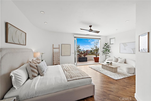 970 Quivera St, Laguna Beach, CA 92651 - bedroom featuring access to outside, wood finished floors, recessed lighting, and a ceiling fan