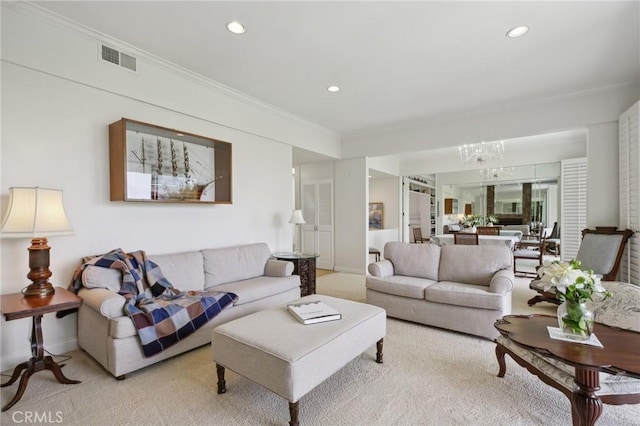 1917 Via Estudillo, Palos Verdes Estates, CA 90274 - living area with light carpet, recessed lighting, a chandelier, and crown molding