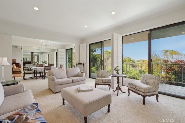 1917 Via Estudillo, Palos Verdes Estates, CA 90274 - living area featuring light colored carpet, a chandelier, and recessed lighting