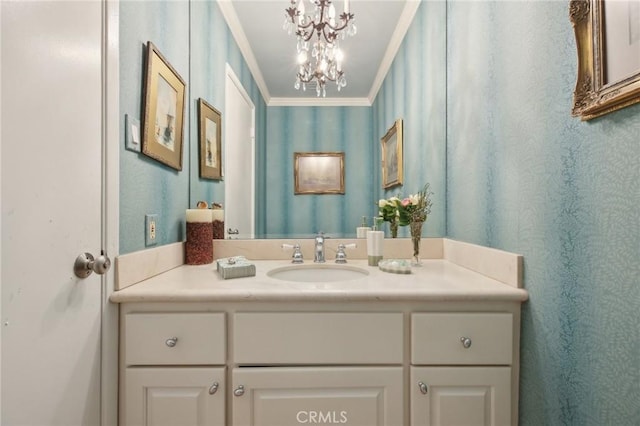1917 Via Estudillo, Palos Verdes Estates, CA 90274 - bathroom with vanity, a chandelier, and ornamental molding