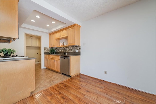 16944 Colchester Way Unit 174, Hacienda Heights, CA 91745 - kitchen with dishwasher, light brown cabinetry, tasteful backsplash, recessed lighting, and light wood-type flooring