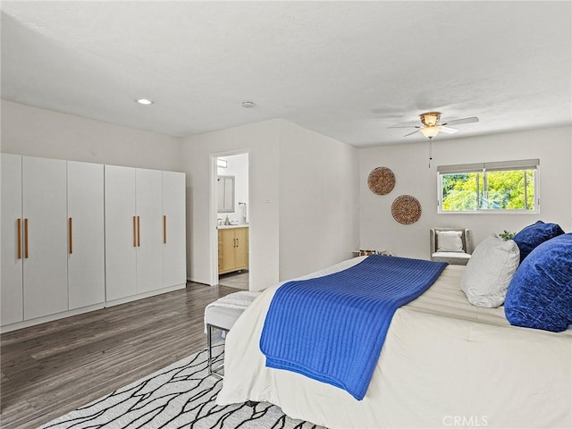 1234 N Pass Ave, Burbank, CA 91505 - bedroom with wood finished floors, a ceiling fan, ensuite bathroom, and recessed lighting