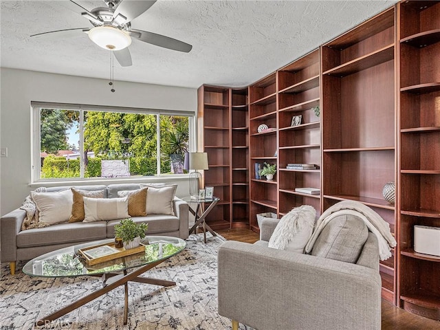 1234 N Pass Ave, Burbank, CA 91505 - living area featuring wood finished floors, a textured ceiling, and a ceiling fan