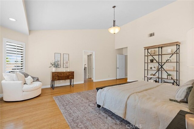 3891 Hunters Grove Ct, Moorpark, CA 93021 - bedroom with light wood finished floors, high vaulted ceiling, and recessed lighting
