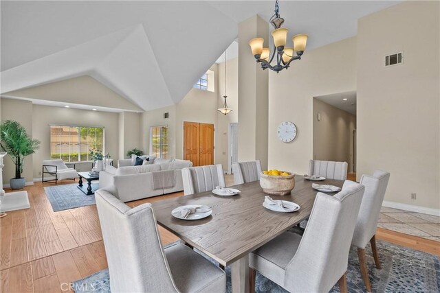 3891 Hunters Grove Ct, Moorpark, CA 93021 - dining space featuring a chandelier, high vaulted ceiling, and wood finished floors