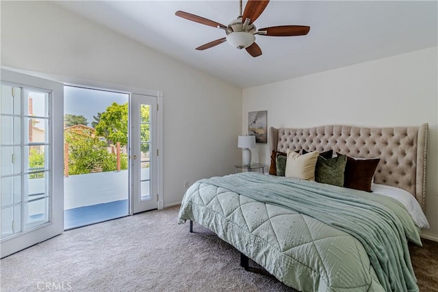 1534 W Summerset Dr, Rialto, CA 92377 - carpeted bedroom featuring access to exterior, vaulted ceiling, and ceiling fan