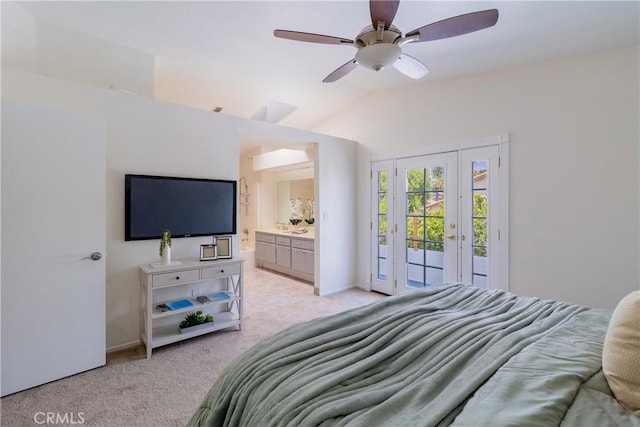1534 W Summerset Dr, Rialto, CA 92377 - bedroom with access to outside, light colored carpet, lofted ceiling, ensuite bath, and ceiling fan
