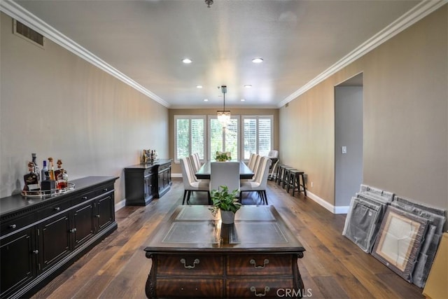 2564 Lunes Ln, Verne, CA 91750 - dining area featuring recessed lighting, ornamental molding, and dark wood-type flooring