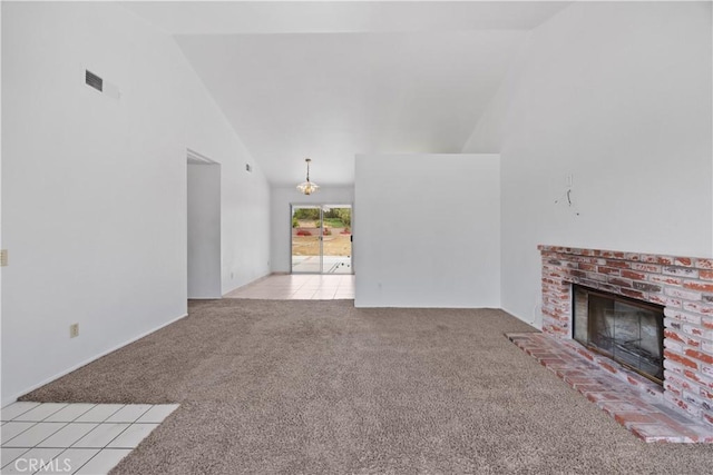 4706 Crestmont Pl, Oceanside, CA 92056 - unfurnished living room featuring light carpet, a fireplace, and high vaulted ceiling