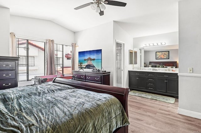 1527 Apache Dr Unit B, Chula Vista, CA 91910 - bedroom featuring vaulted ceiling, light wood finished floors, ensuite bath, and a ceiling fan