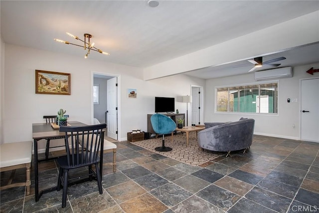 4574 Avenida Del Sol, Joshua Tree, CA 92252 - living area featuring a wall unit AC, stone tile flooring, and a chandelier
