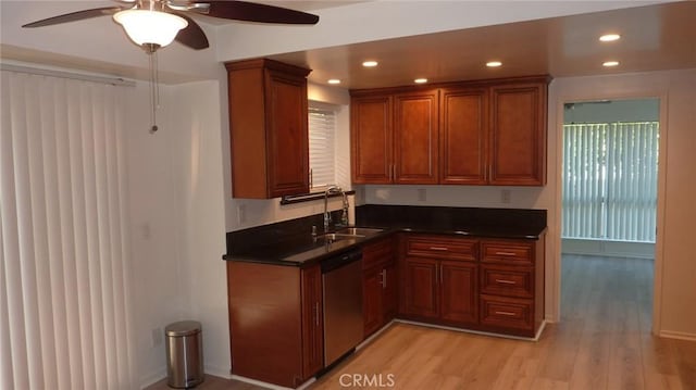 708 N Montebello Blvd, Montebello, CA 90640 - kitchen featuring dishwasher, a ceiling fan, light wood-style flooring, dark countertops, and recessed lighting