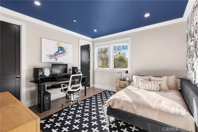 4164 Sunnyslope Ave, Sherman Oaks, CA 91423 - bedroom with a desk, wood finished floors, recessed lighting, and ornamental molding