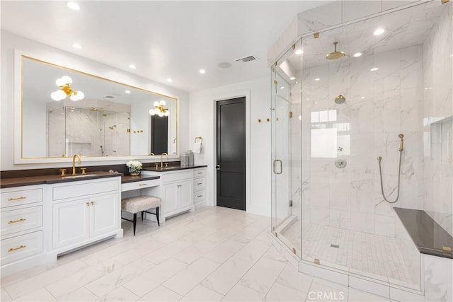 4164 Sunnyslope Ave, Sherman Oaks, CA 91423 - full bathroom featuring marble finish flooring, a marble finish shower, vanity, and recessed lighting