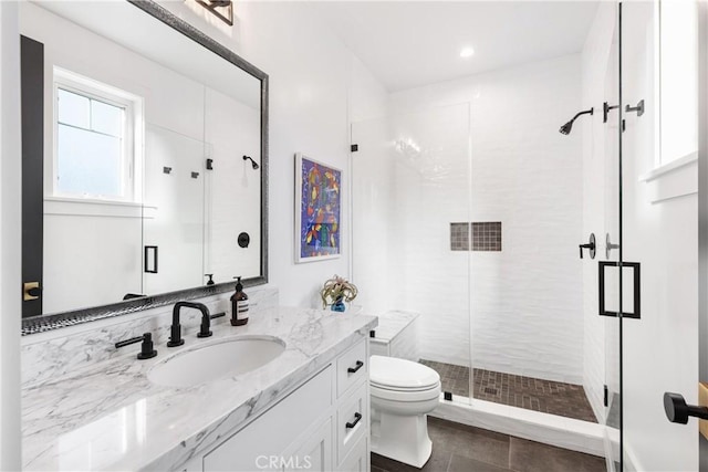 4164 Sunnyslope Ave, Sherman Oaks, CA 91423 - bathroom featuring vanity, a shower stall, tile patterned floors, and recessed lighting