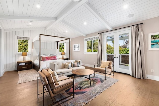 4164 Sunnyslope Ave, Sherman Oaks, CA 91423 - bedroom with french doors, light wood finished floors, access to outside, and wooden ceiling