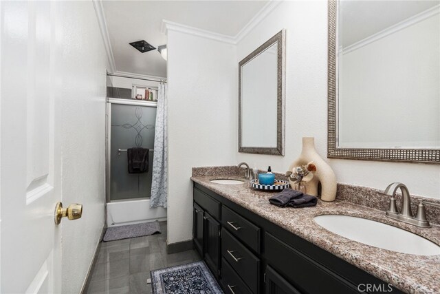 3367 M St, Merced, CA 95348 - full bathroom featuring crown molding, double vanity, and shower / washtub combination