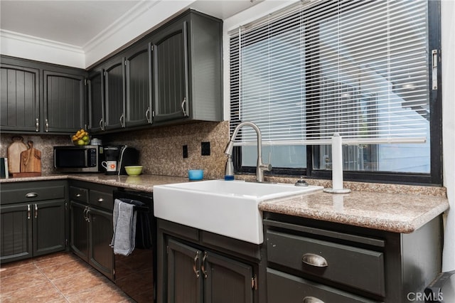 3367 M St, Merced, CA 95348 - kitchen featuring stainless steel microwave, dishwasher, crown molding, tasteful backsplash, and light tile patterned flooring