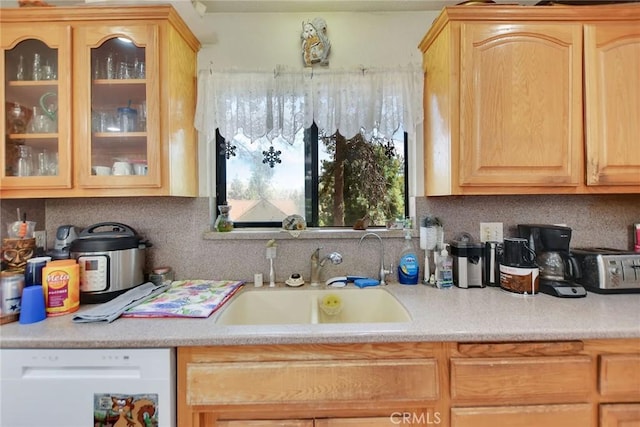 23201 Cardinal Rd, Wrightwood, CA 92397 - kitchen featuring dishwasher, light countertops, glass insert cabinets, tasteful backsplash, and light brown cabinets