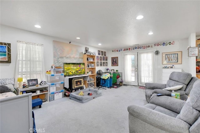 23201 Cardinal Rd, Wrightwood, CA 92397 - carpeted living area featuring recessed lighting, french doors, and a textured ceiling