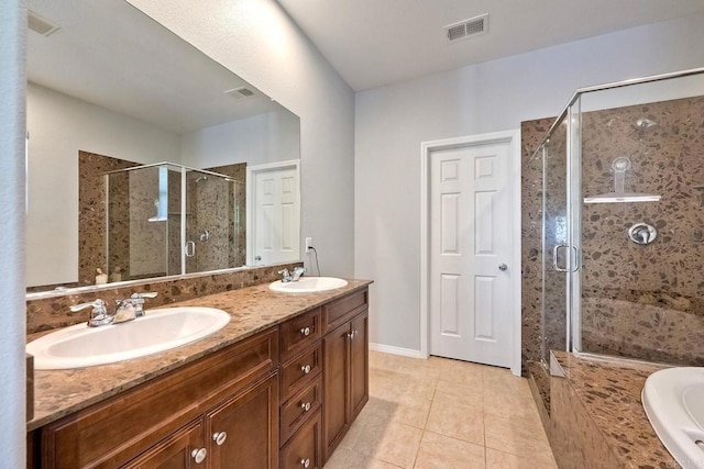 6925 Tourmaline, Carlsbad, CA 92009 - full bathroom featuring a shower stall, a garden tub, double vanity, and tile patterned floors