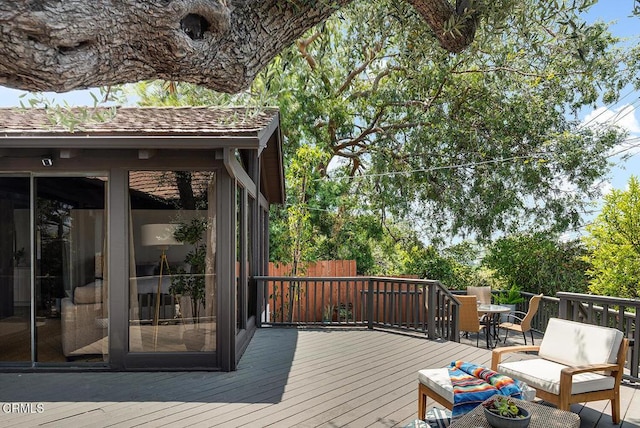 405 Sequoia Dr, Pasadena, CA 91105 - wooden deck with outdoor dining area and an outdoor hangout area