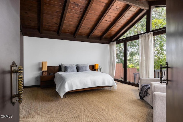 405 Sequoia Dr, Pasadena, CA 91105 - bedroom with a wood ceiling with exposed beams, high vaulted ceiling, and carpet flooring