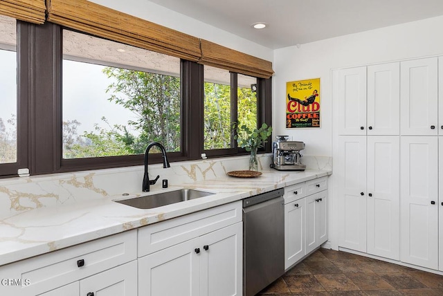 405 Sequoia Dr, Pasadena, CA 91105 - kitchen featuring stainless steel dishwasher, white cabinetry, light stone counters, recessed lighting, and dark stone finish flooring