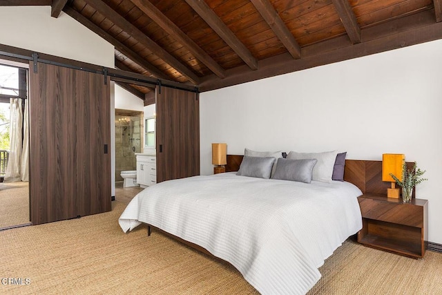 405 Sequoia Dr, Pasadena, CA 91105 - bedroom with a barn door, wood ceiling, light colored carpet, and ensuite bathroom