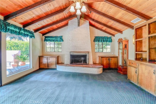 2033 Benbow Pl, Riverside, CA 92506 - unfurnished living room with wooden ceiling, carpet flooring, a large fireplace, and a ceiling fan
