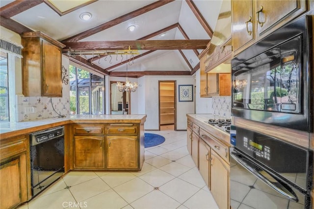 2033 Benbow Pl, Riverside, CA 92506 - kitchen with black dishwasher, a chandelier, a peninsula, light countertops, and tasteful backsplash