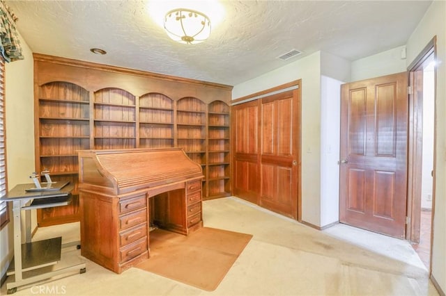 2033 Benbow Pl, Riverside, CA 92506 - unfurnished office with light colored carpet, a textured ceiling, and built in shelves