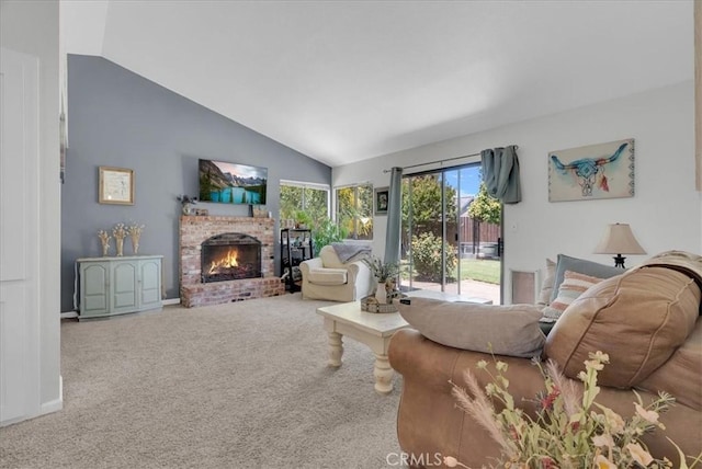 801 Vine St, Exeter, CA 93221 - living area featuring vaulted ceiling, a fireplace, and carpet