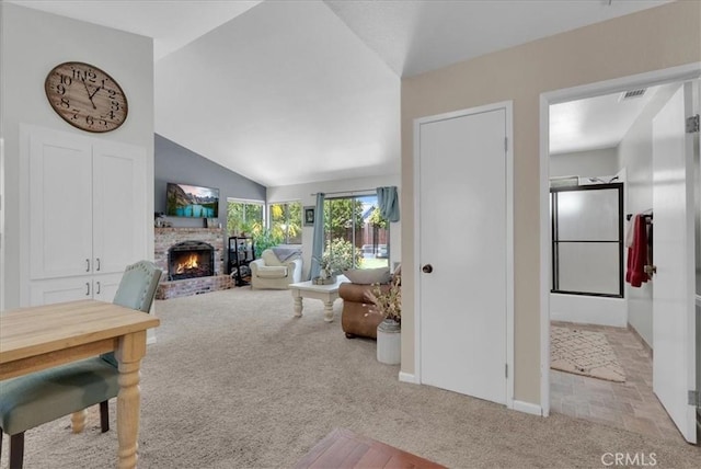 801 Vine St, Exeter, CA 93221 - carpeted living area featuring a fireplace and lofted ceiling