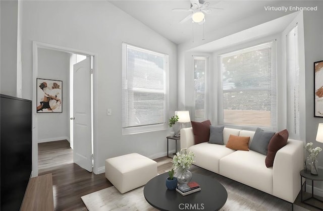 19431 Rue De Valore Unit 5C, Lake Forest, CA 92610 - living area featuring vaulted ceiling, a ceiling fan, and wood finished floors