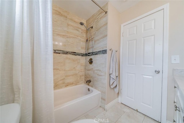 18210 Deauville Dr, Victorville, CA 92395 - full bathroom with shower / tub combo with curtain, tile patterned flooring, and vanity