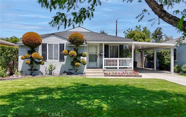 2120 N Rose St, Burbank, CA 91505 - view of front of house with concrete driveway, a carport, a front lawn, covered porch, and stucco siding